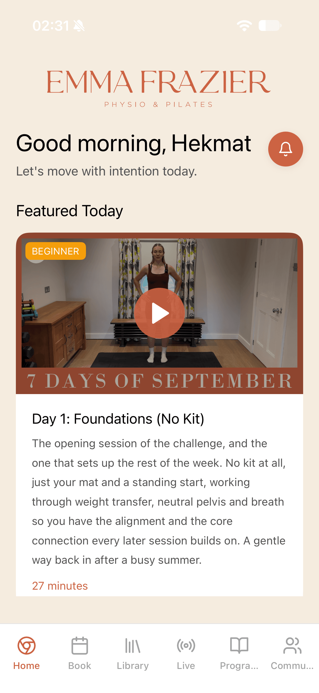 Emma Frazier app home screen with today's featured class