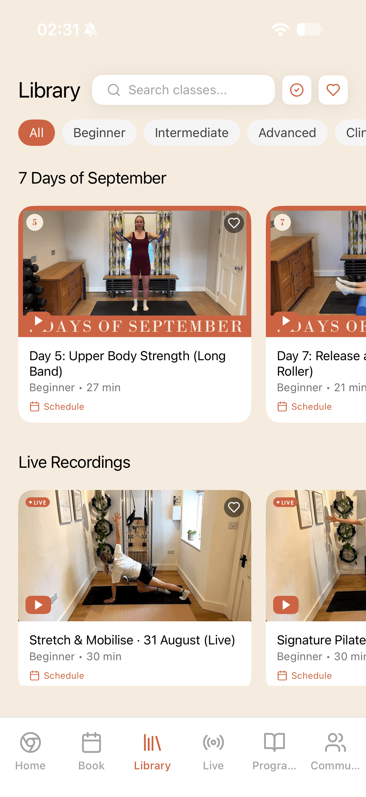 Emma Frazier app class library with challenge series and live recordings