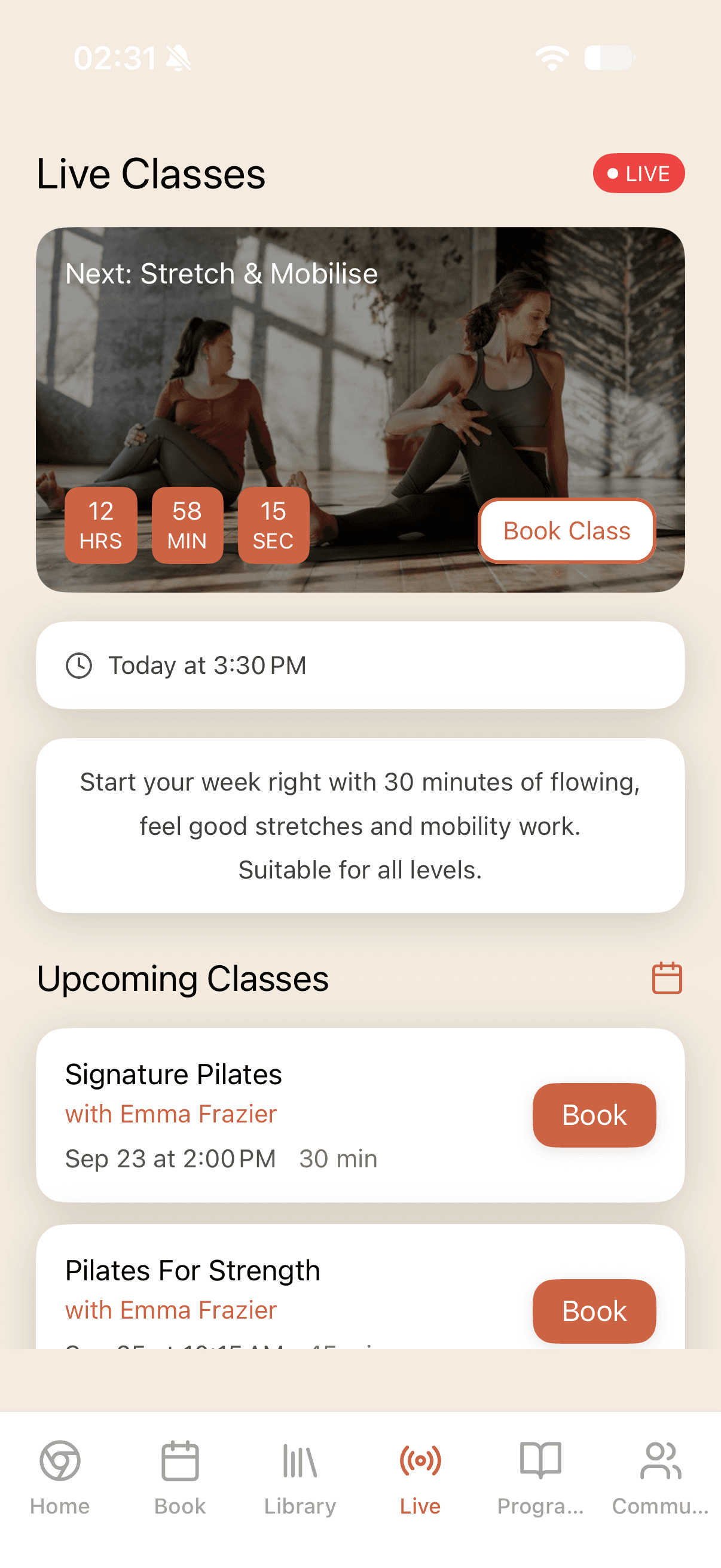 Emma Frazier app live classes screen with countdown and upcoming classes