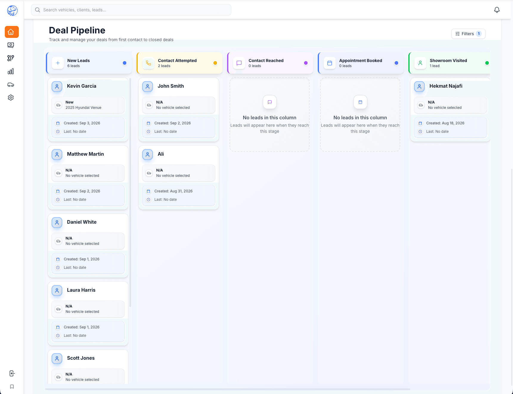 LeadHound deal pipeline board with leads grouped by stage