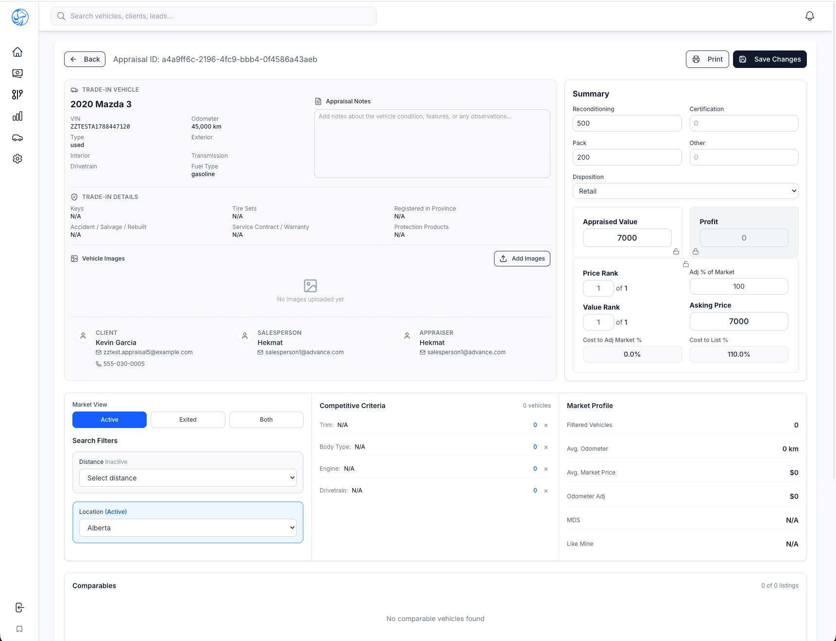 LeadHound trade-in appraisal with vehicle details, summary and market profile