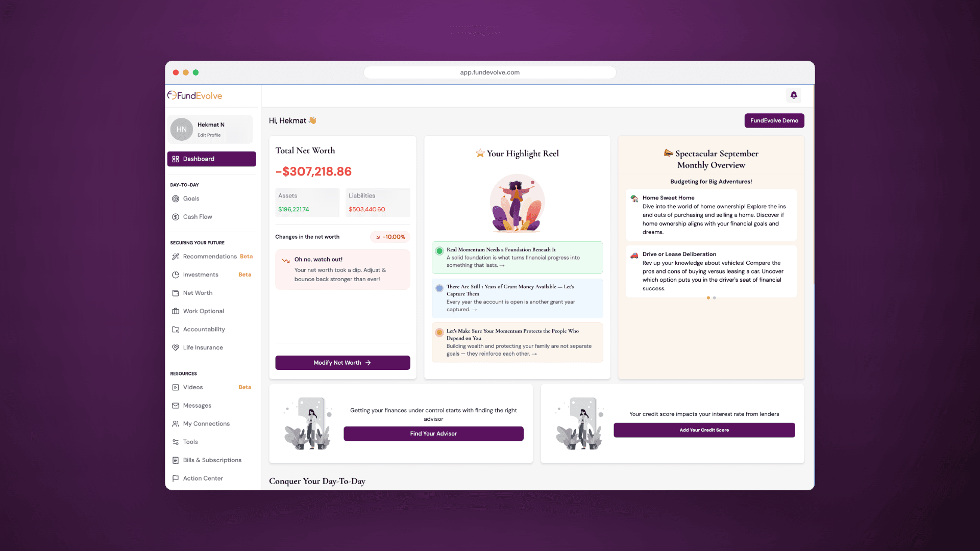 FundEvolve dashboard with total net worth, highlight reel and monthly overview