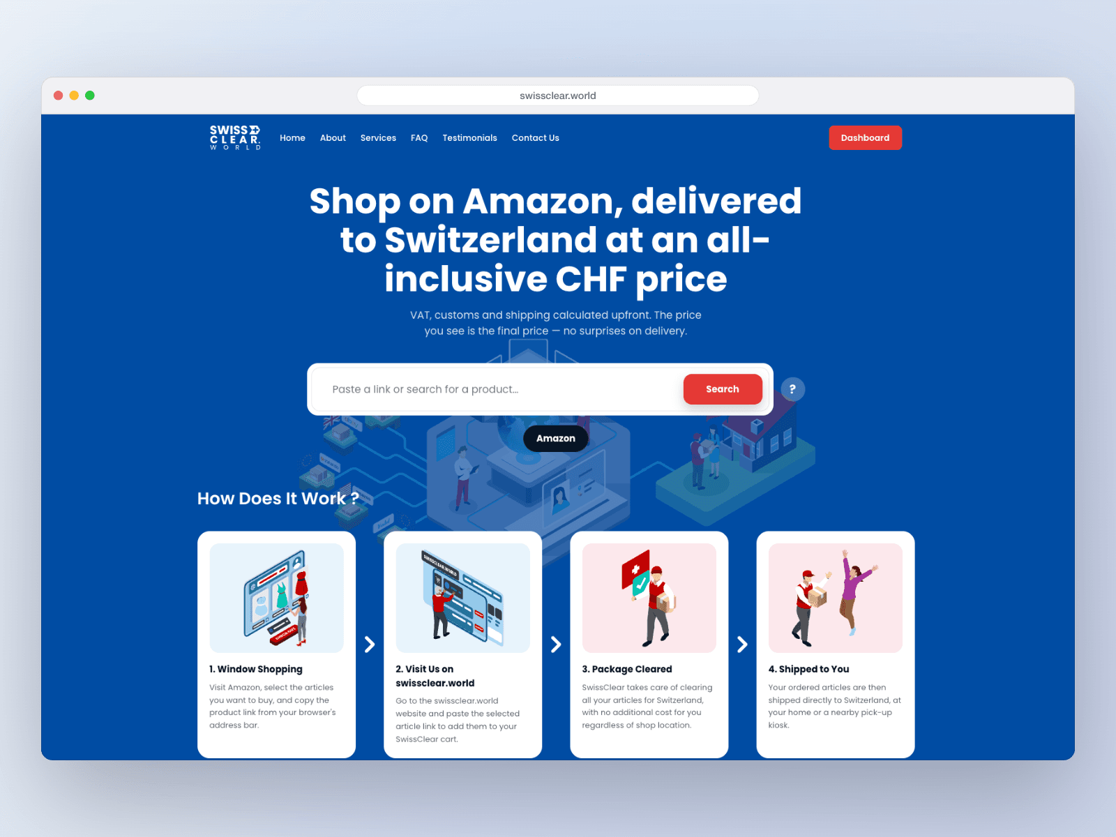 SwissClear homepage with product search and how-it-works steps
