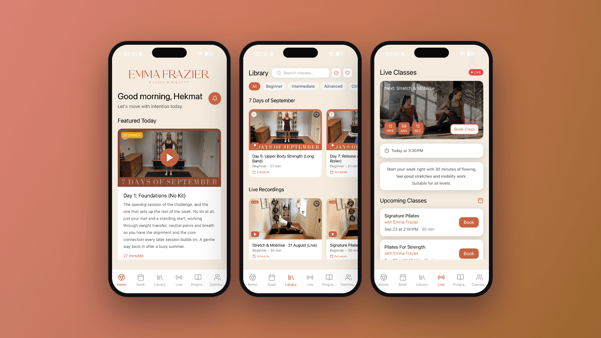 Emma Frazier app home, class library and live classes screens on three phones