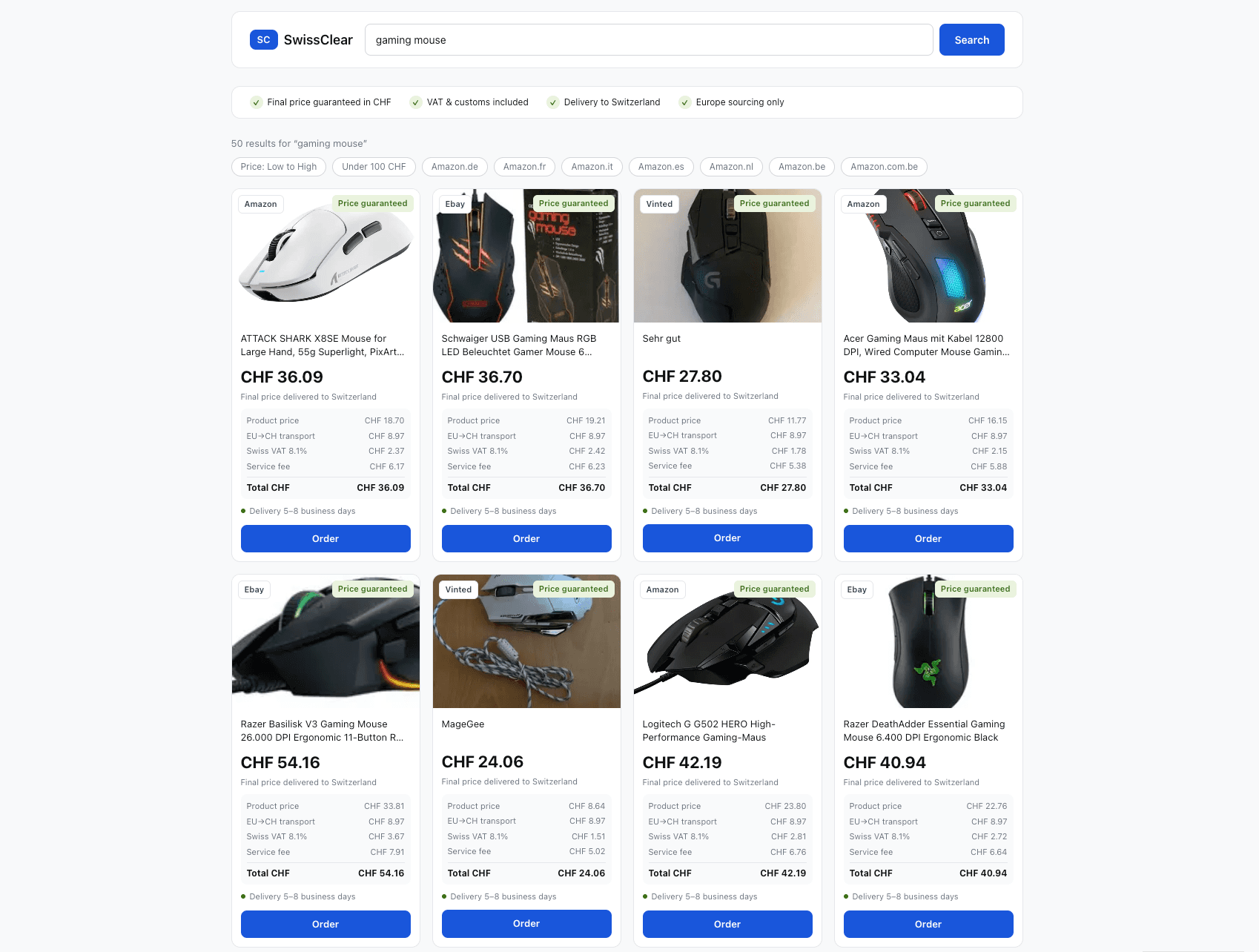 SwissClear search results with all-inclusive CHF prices and cost breakdowns