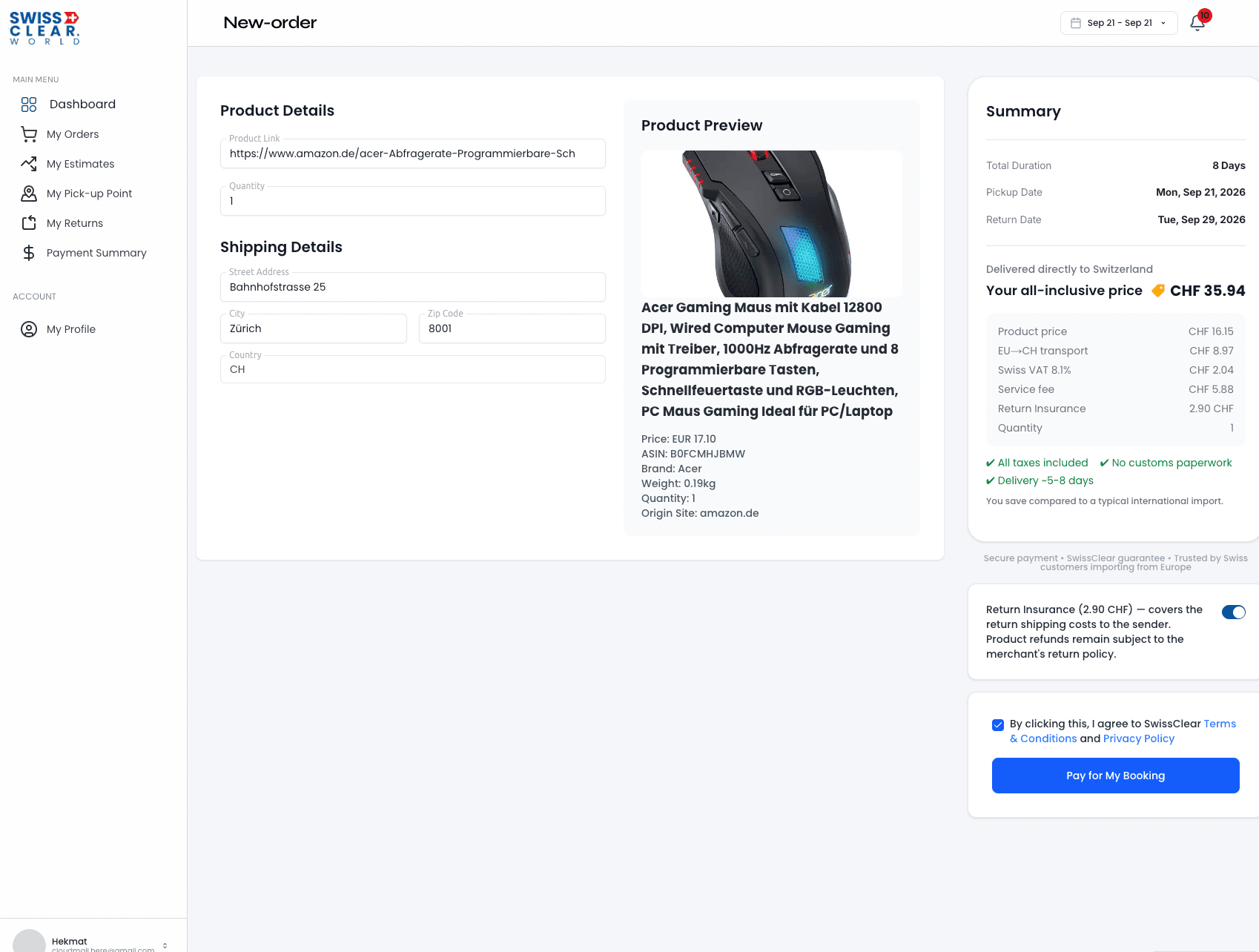 SwissClear new order screen with product preview and all-inclusive price summary